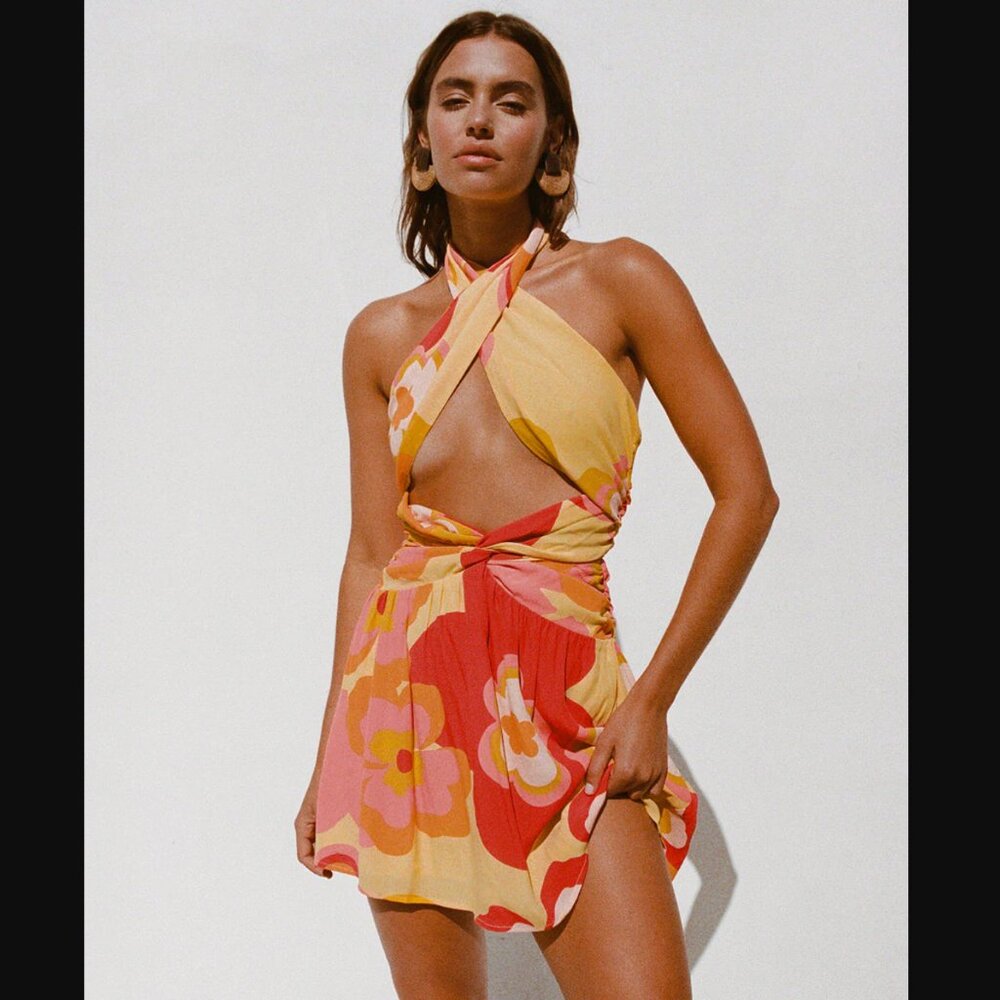 NWT Sabo Skirt: Amina Floral Halter Mini Dress in Yellow/Pink (XS, Discontinued)